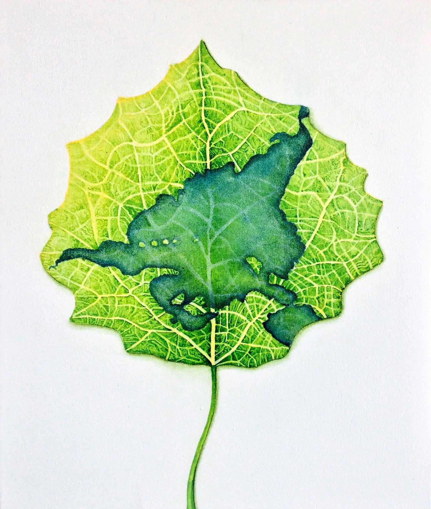 a painting of Duncan lake in a aspen leaf